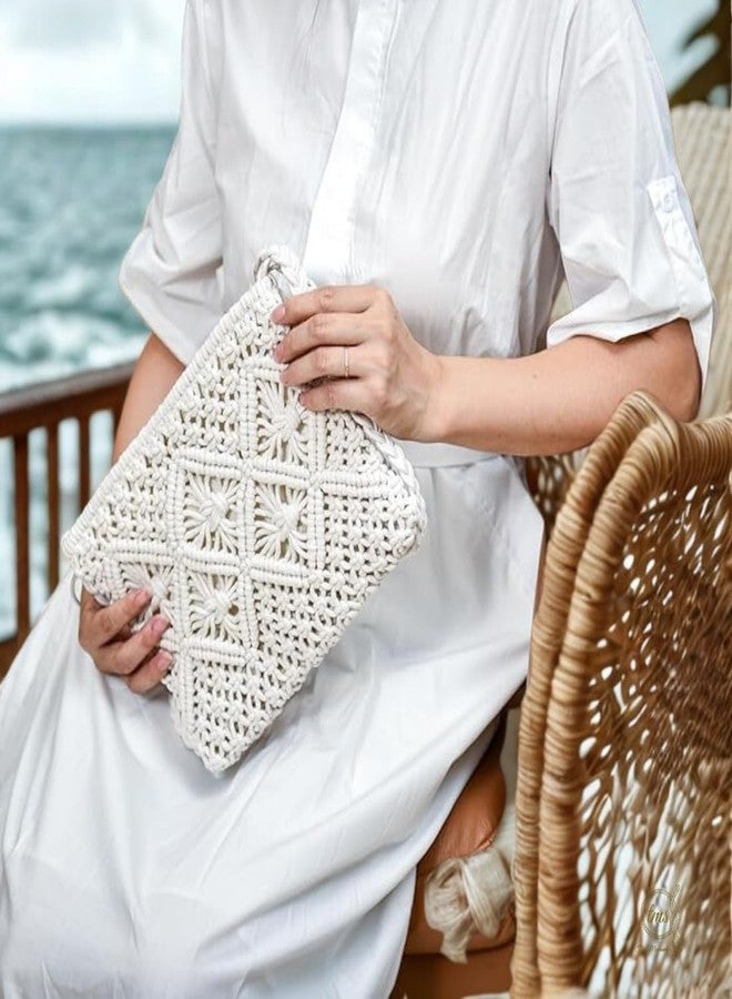 tms Macrame Crossbody Bag, Handwoven Boho Sling Bag for Women, 25 cm x 20 cm, Off-White, Bohemian Shoulder Bag with Adjustable Strap for Casual, Everyday Use- 1 pcs - Image 5